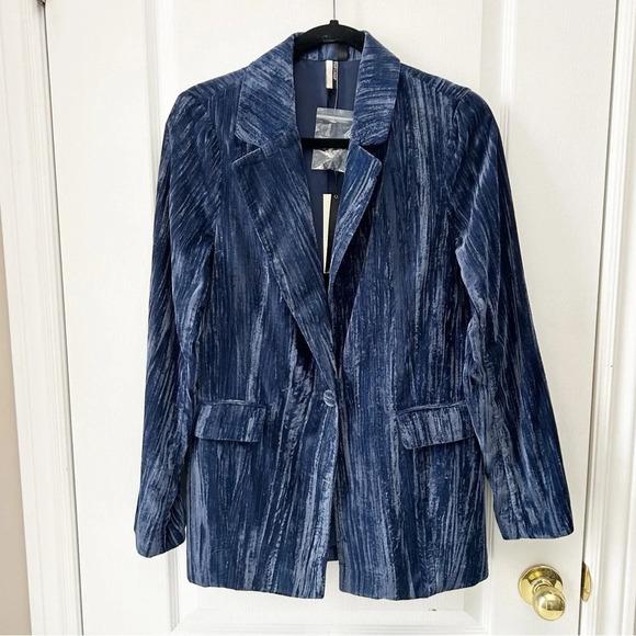 Topshop Crinkled Velvet Suit Matching Blazer & Trousers Wide Leg Blue Size 4 NWT - Picture 8 of 16